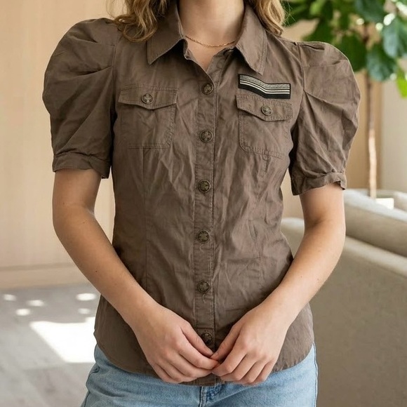 XXI Tops - XXI Twist Puff Sleeve Military Shirt Brown Y2K Cargo Utility Safari Boho Army